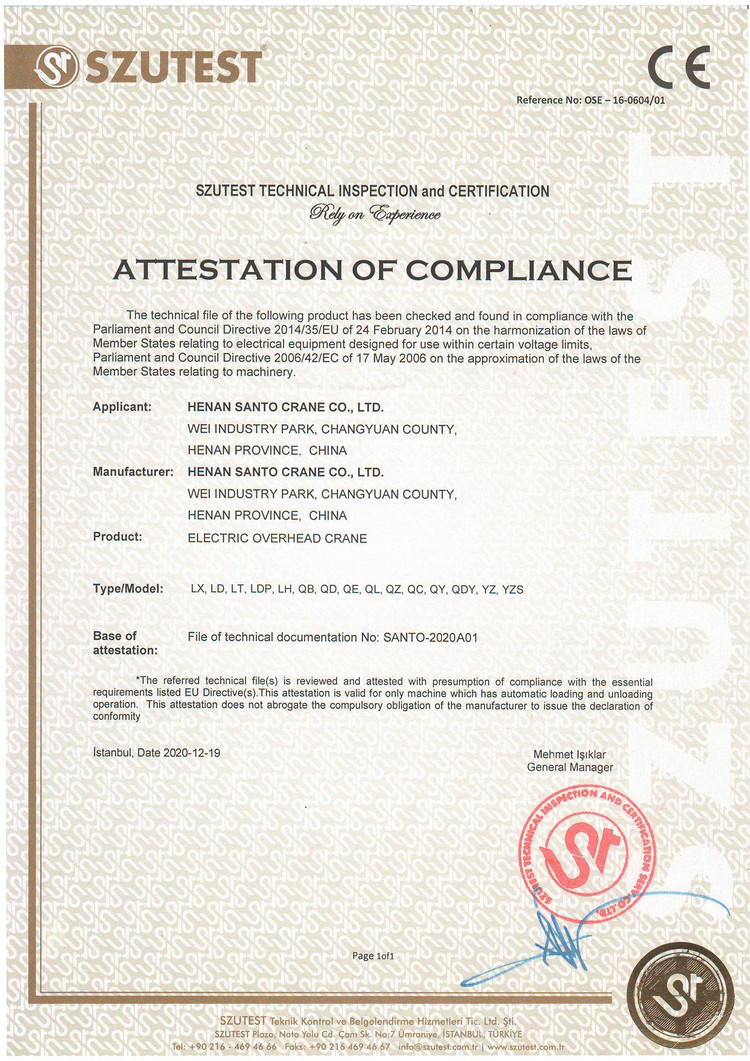 Китай HENAN SANTO CRANE CO.,LTD Сертификаты